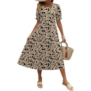imageZeagoo Womens Summer Dress Casual Midi Dresses 2026 Short Puff Sleeve Flare Dress Pleated Flowy Sundress with PocketsBrown Floral 02