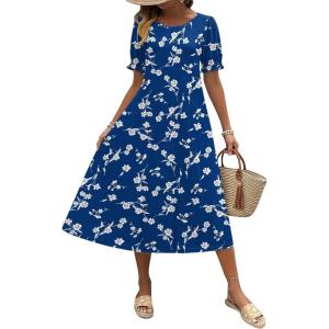 imageZeagoo Womens Summer Dress Casual Midi Dresses 2026 Short Puff Sleeve Flare Dress Pleated Flowy Sundress with PocketsDeep Blue Floral