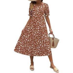 imageZeagoo Womens Summer Dress Casual Midi Dresses 2026 Short Puff Sleeve Flare Dress Pleated Flowy Sundress with PocketsDusty Brown Printed