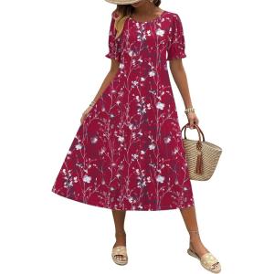 imageZeagoo Womens Summer Dress Casual Midi Dresses 2026 Short Puff Sleeve Flare Dress Pleated Flowy Sundress with PocketsDusty Red Floral