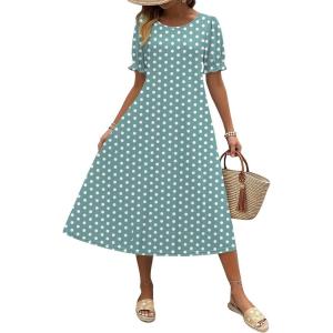 imageZeagoo Womens Summer Dress Casual Midi Dresses 2026 Short Puff Sleeve Flare Dress Pleated Flowy Sundress with PocketsGreen Dot