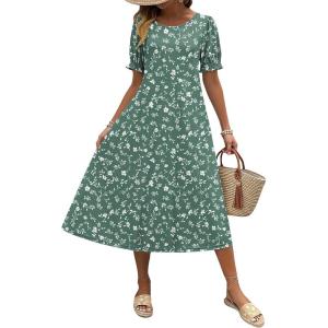 imageZeagoo Womens Summer Dress Casual Midi Dresses 2026 Short Puff Sleeve Flare Dress Pleated Flowy Sundress with PocketsGreen Floral
