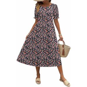 imageZeagoo Womens Summer Dress Casual Midi Dresses 2026 Short Puff Sleeve Flare Dress Pleated Flowy Sundress with PocketsMixed Black Printed