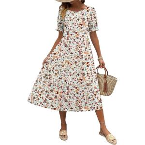 imageZeagoo Womens Summer Dress Casual Midi Dresses 2026 Short Puff Sleeve Flare Dress Pleated Flowy Sundress with PocketsMixed Brown Floral