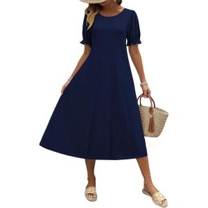 imageZeagoo Womens Summer Dress Casual Midi Dresses 2026 Short Puff Sleeve Flare Dress Pleated Flowy Sundress with PocketsNavy