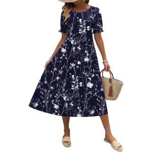 imageZeagoo Womens Summer Dress Casual Midi Dresses 2026 Short Puff Sleeve Flare Dress Pleated Flowy Sundress with PocketsNavy Floral 01