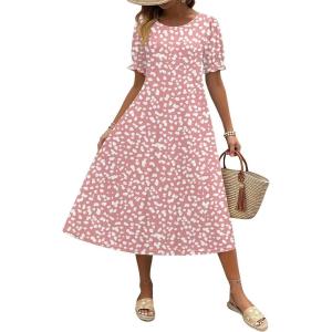 imageZeagoo Womens Summer Dress Casual Midi Dresses 2026 Short Puff Sleeve Flare Dress Pleated Flowy Sundress with PocketsPink Dot