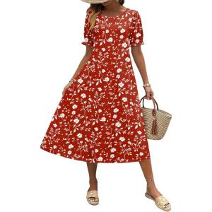 imageZeagoo Womens Summer Dress Casual Midi Dresses 2026 Short Puff Sleeve Flare Dress Pleated Flowy Sundress with PocketsRed Floral