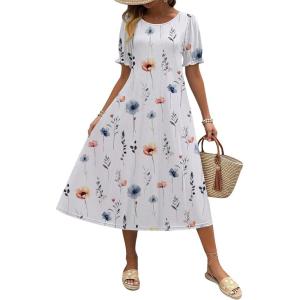 imageZeagoo Womens Summer Dress Casual Midi Dresses 2026 Short Puff Sleeve Flare Dress Pleated Flowy Sundress with PocketsWhite Floral 01