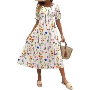 imageZeagoo Womens Summer Dress Casual Midi Dresses 2026 Short Puff Sleeve Flare Dress Pleated Flowy Sundress with PocketsWhite Floral 02