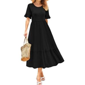 imageZeagoo Womens Summer Dresses 2026 Casual Midi Dress Flowy Sundress Ruffle Short Sleeve Tiered Dresses A Line Boho DressAblack