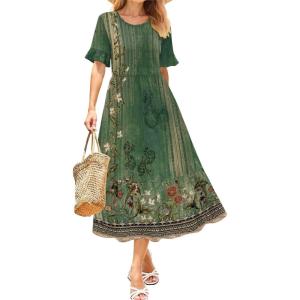 imageZeagoo Womens Summer Dresses 2026 Casual Midi Dress Flowy Sundress Ruffle Short Sleeve Tiered Dresses A Line Boho DressGreen Floral