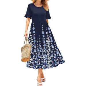 imageZeagoo Womens Summer Dresses 2026 Casual Midi Dress Flowy Sundress Ruffle Short Sleeve Tiered Dresses A Line Boho DressNavy Printed