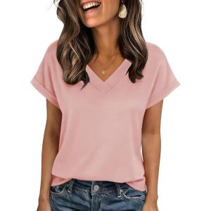 imageZeagoo Womens Summer Tops Rolled Short Sleeve V Neck Shirts Casual Dressy Business Work Blouses Outfits1pink
