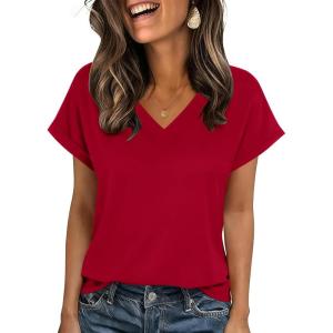 imageZeagoo Womens Summer Tops Rolled Short Sleeve V Neck Shirts Casual Dressy Business Work Blouses Outfits1red