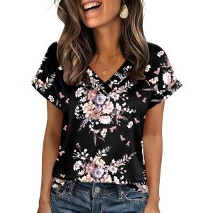 imageZeagoo Womens Summer Tops Rolled Short Sleeve V Neck Shirts Casual Dressy Business Work Blouses OutfitsBlack Flowerbf332