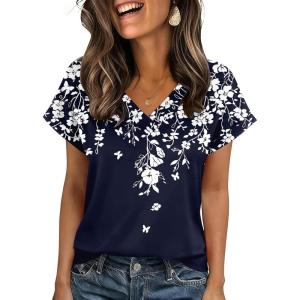 imageZeagoo Womens Summer Tops Rolled Short Sleeve V Neck Shirts Casual Dressy Business Work Blouses OutfitsBlue Flowersf103