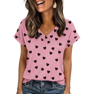 imageZeagoo Womens Summer Tops Rolled Short Sleeve V Neck Shirts Casual Dressy Business Work Blouses OutfitsPink Heartkt100