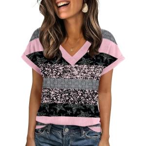imageZeagoo Womens Summer Tops Rolled Short Sleeve V Neck Shirts Casual Dressy Business Work Blouses OutfitsPink Stripetz245