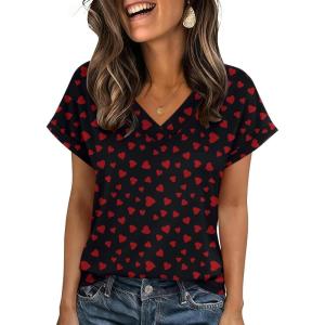 imageZeagoo Womens Summer Tops Rolled Short Sleeve V Neck Shirts Casual Dressy Business Work Blouses OutfitsRed Heartkt6