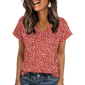 imageZeagoo Womens Summer Tops Rolled Short Sleeve V Neck Shirts Casual Dressy Business Work Blouses OutfitsRedjh590