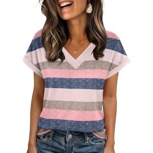 imageZeagoo Womens Summer Tops Rolled Short Sleeve V Neck Shirts Casual Dressy Business Work Blouses OutfitsStripedtw669