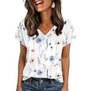 imageZeagoo Womens Summer Tops Rolled Short Sleeve V Neck Shirts Casual Dressy Business Work Blouses OutfitsWhite Flowersbf290