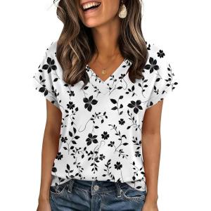 imageZeagoo Womens Summer Tops Rolled Short Sleeve V Neck Shirts Casual Dressy Business Work Blouses OutfitsWhite Flowersf291