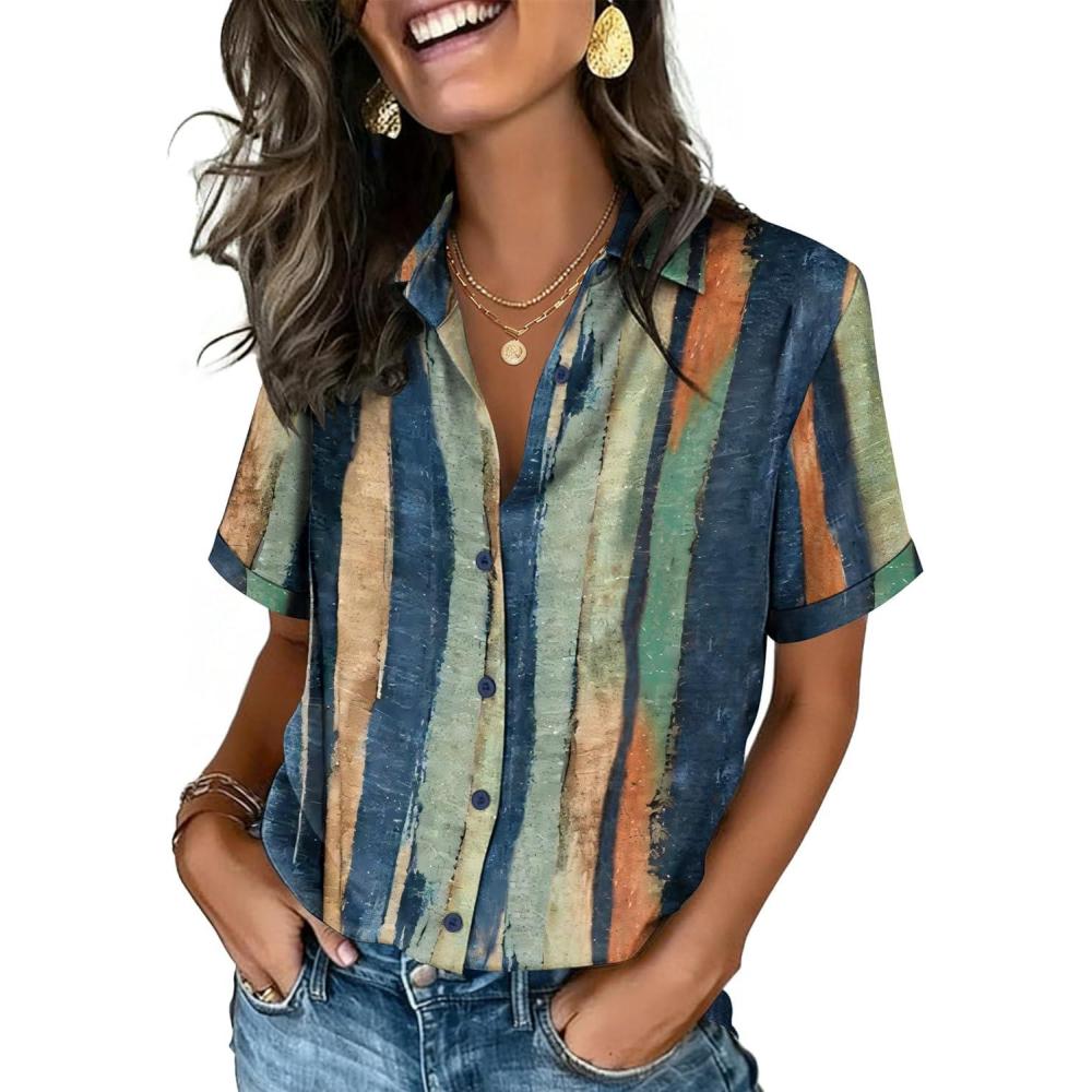 imageZeagoo Button Down Shirts for Women Short Sleeve Collared Tops Dressy Casual V Neck BlousesCx289multicolored