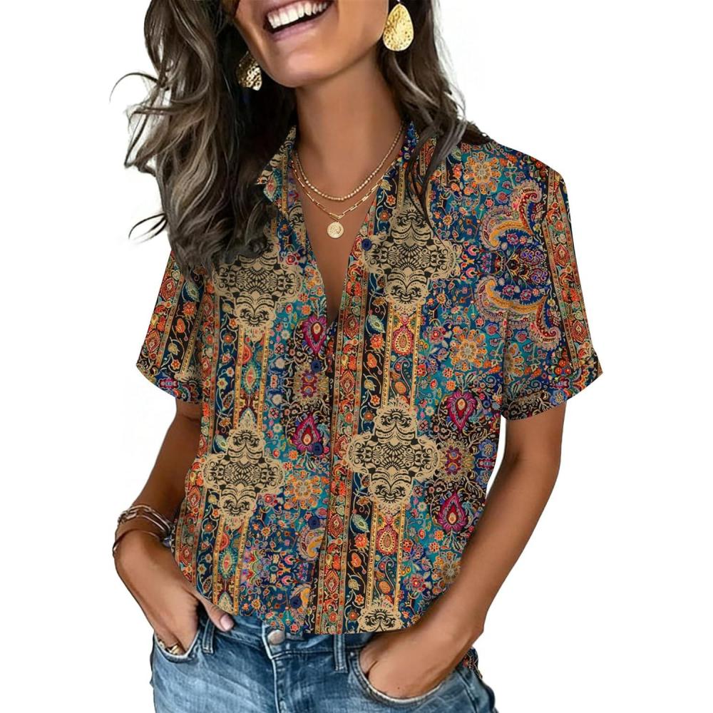 imageZeagoo Button Down Shirts for Women Short Sleeve Collared Tops Dressy Casual V Neck BlousesMz721multicolored