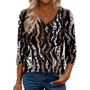 imageZeagoo 34 Length Sleeve Womens Tops Casual V Neck Shirts Soft Basic Tees Business Work BlousesBlack Leopard