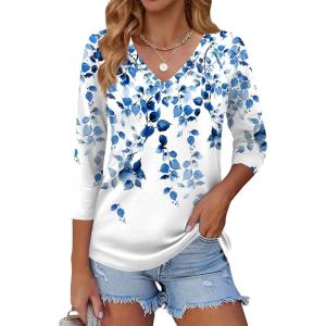 imageZeagoo 34 Length Sleeve Womens Tops Casual V Neck Shirts Soft Basic Tees Business Work BlousesBlue Leaveswf41