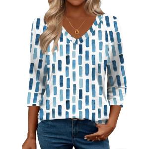 imageZeagoo 34 Length Sleeve Womens Tops Casual V Neck Shirts Soft Basic Tees Business Work BlousesBlue White Stripe