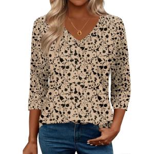 imageZeagoo 34 Length Sleeve Womens Tops Casual V Neck Shirts Soft Basic Tees Business Work BlousesKhaki Floral