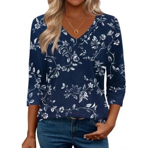 imageZeagoo 34 Length Sleeve Womens Tops Casual V Neck Shirts Soft Basic Tees Business Work BlousesNavy Floral B