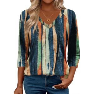 imageZeagoo 34 Length Sleeve Womens Tops Casual V Neck Shirts Soft Basic Tees Business Work BlousesStripes