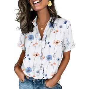 imageZeagoo Button Down Shirts for Women Short Sleeve Collared Tops Dressy Casual V Neck BlousesBf290white Flowers