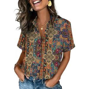 imageZeagoo Button Down Shirts for Women Short Sleeve Collared Tops Dressy Casual V Neck BlousesMz721multicolored