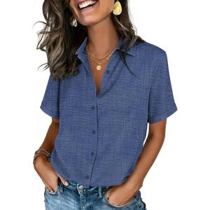 imageZeagoo Button Down Shirts for Women Short Sleeve Collared Tops Dressy Casual V Neck BlousesNavy Blue