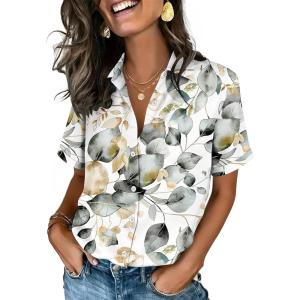 imageZeagoo Button Down Shirts for Women Short Sleeve Collared Tops Dressy Casual V Neck BlousesSp99green Leaves