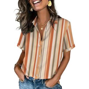 imageZeagoo Button Down Shirts for Women Short Sleeve Collared Tops Dressy Casual V Neck BlousesTw720stripe