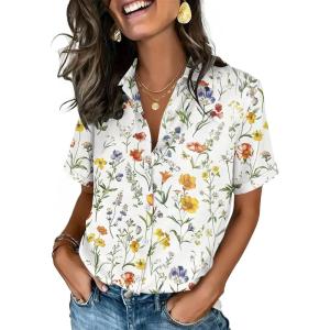 imageZeagoo Button Down Shirts for Women Short Sleeve Collared Tops Dressy Casual V Neck BlousesXh403yellow Flowers