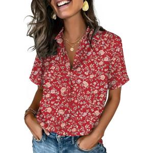 imageZeagoo Button Down Shirts for Women Short Sleeve Collared Tops Dressy Casual V Neck BlousesXh546red