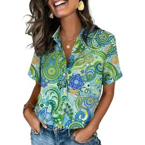 imageZeagoo Button Down Shirts for Women Short Sleeve Collared Tops Dressy Casual V Neck BlousesYg2multicolored