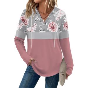 imageZeagoo Hoodies for Women Long Sleeve Drawstring V Neck Pullover Sweatshirts Shirts Loose Casual Fall TopsPeony Pink