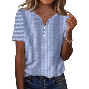 imageZeagoo Womens Summer Tops Casual Short Sleeve V Neck Shirts Business Dressy Work BlousesBlue White Stripes