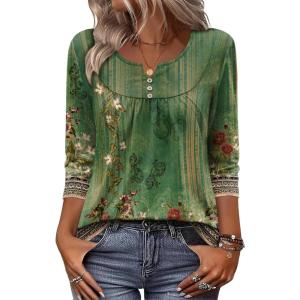 image:imageZeagoo 34 Length Sleeve Womens Tops 2026 V Neck T Shirts Dressy Casual Fall Blouses Floral Summer Business Work Basic TeesA01green Ethnic Print