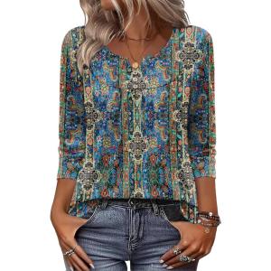 image:imageZeagoo 34 Length Sleeve Womens Tops 2026 V Neck T Shirts Dressy Casual Fall Blouses Floral Summer Business Work Basic TeesA02blue Boho Print