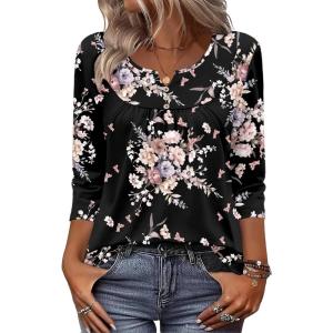 image:imageZeagoo 34 Length Sleeve Womens Tops 2026 V Neck T Shirts Dressy Casual Fall Blouses Floral Summer Business Work Basic TeesBlack Pink Floral