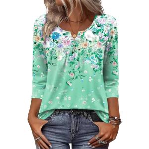 image:imageZeagoo 34 Length Sleeve Womens Tops 2026 V Neck T Shirts Dressy Casual Fall Blouses Floral Summer Business Work Basic TeesGreen Print